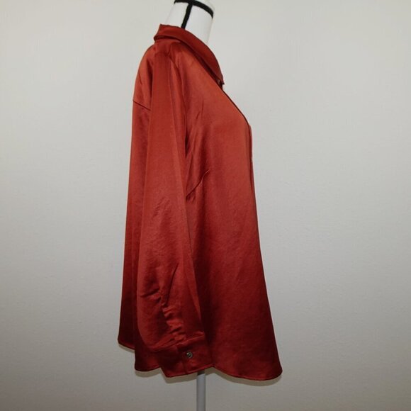 Karen Kane Satiny Top Women's Plus Size 2X Brown Rust Long Sleeve Made in USA - Picture 5 of 10